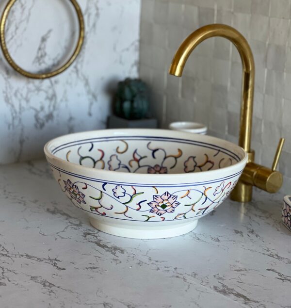 Lavabo rond fait main en céramique marocaine – Vasque artisanale bleu profond (40 cm x H 14,5 cm, 6,1 kg)