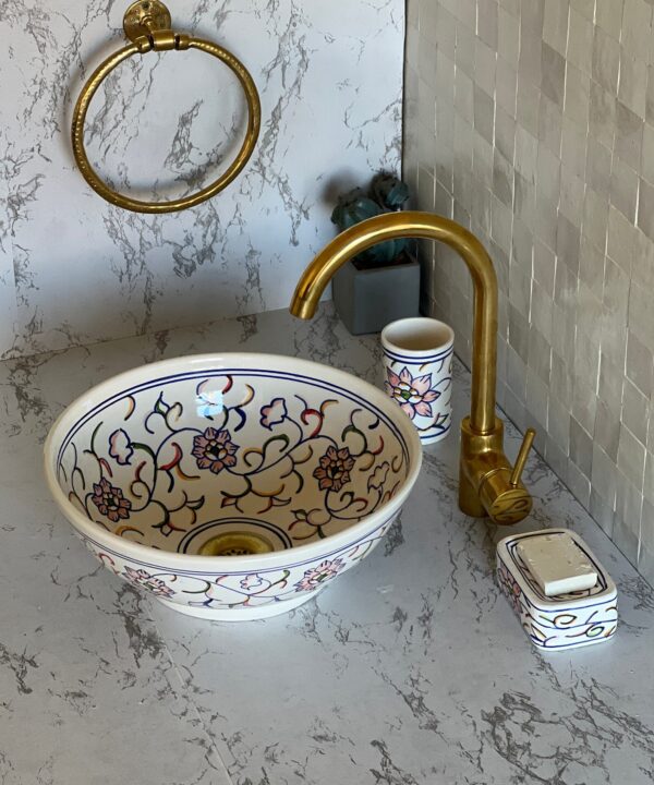 Lavabo rond fait main en céramique marocaine – Vasque artisanale bleu profond (40 cm x H 14,5 cm, 6,1 kg) – Image 3