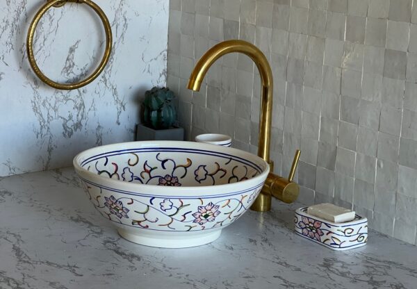 Lavabo rond fait main en céramique marocaine – Vasque artisanale bleu profond (40 cm x H 14,5 cm, 6,1 kg) – Image 2