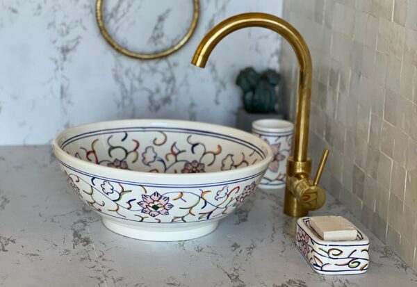Lavabo rond fait main en céramique marocaine – Vasque artisanale bleu profond (40 cm x H 14,5 cm, 6,1 kg) – Image 6
