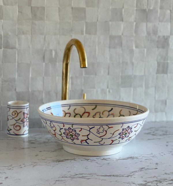 Lavabo rond fait main en céramique marocaine – Vasque artisanale bleu profond (40 cm x H 14,5 cm, 6,1 kg) – Image 5