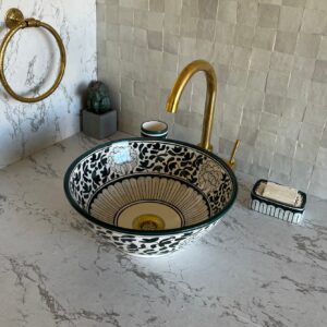 Lavabo artisanal marocain fait main – Évier design en céramique décorée (42 cm x H 15 cm, 6,5 kg)